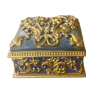 Vintage Baroque-Style Trinket Box – Blue & Gold Floral Relief